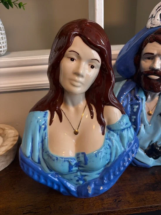 Vintage Style Ceramic Bust Set Nautical Couple Blue Hand Painted Decor - Picture 2 of 10
